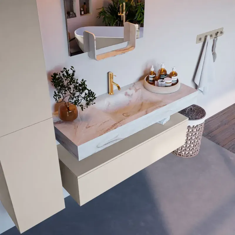 Direct Beschikbaar Mondiaz Alan DLux badmeubel 120cm linen 1 lade met wastafel frappe midden 1 kraangat