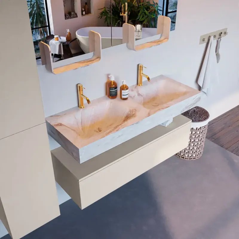 Direct Beschikbaar Mondiaz Alan DLux badmeubel 120cm linen 1 lade met wastafel frappe dubbel 2 kraangaten