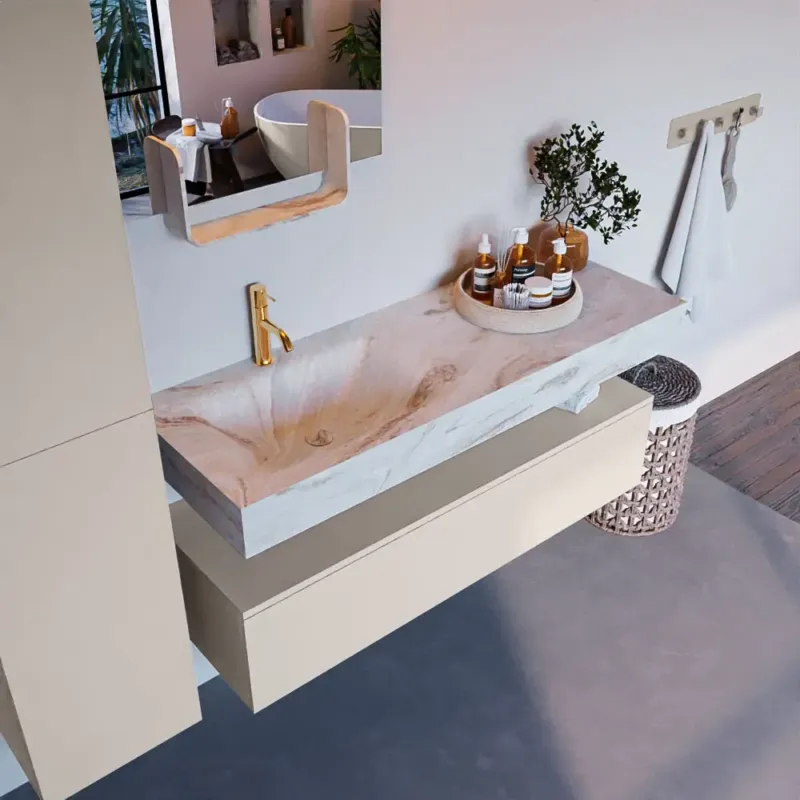 Beperkte Voorraad Mondiaz Alan DLux badmeubel 130cm linen 1 lade met wastafel frappe links 1 kraangat