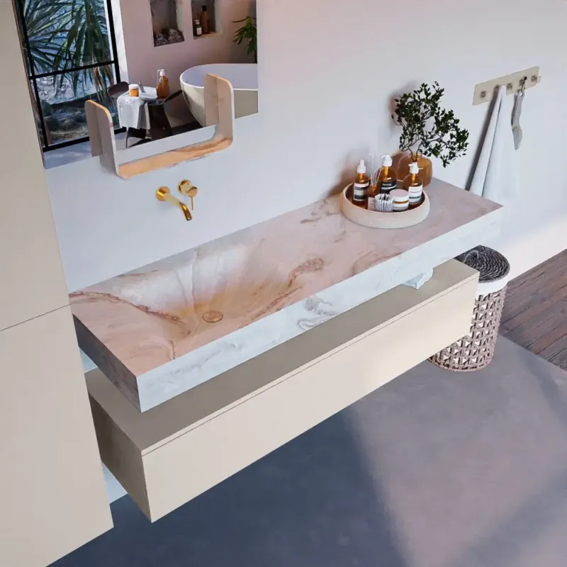 Nieuw Mondiaz Alan DLux badmeubel 150cm linen 1 lade met wastafel frappe links zonder kraangat