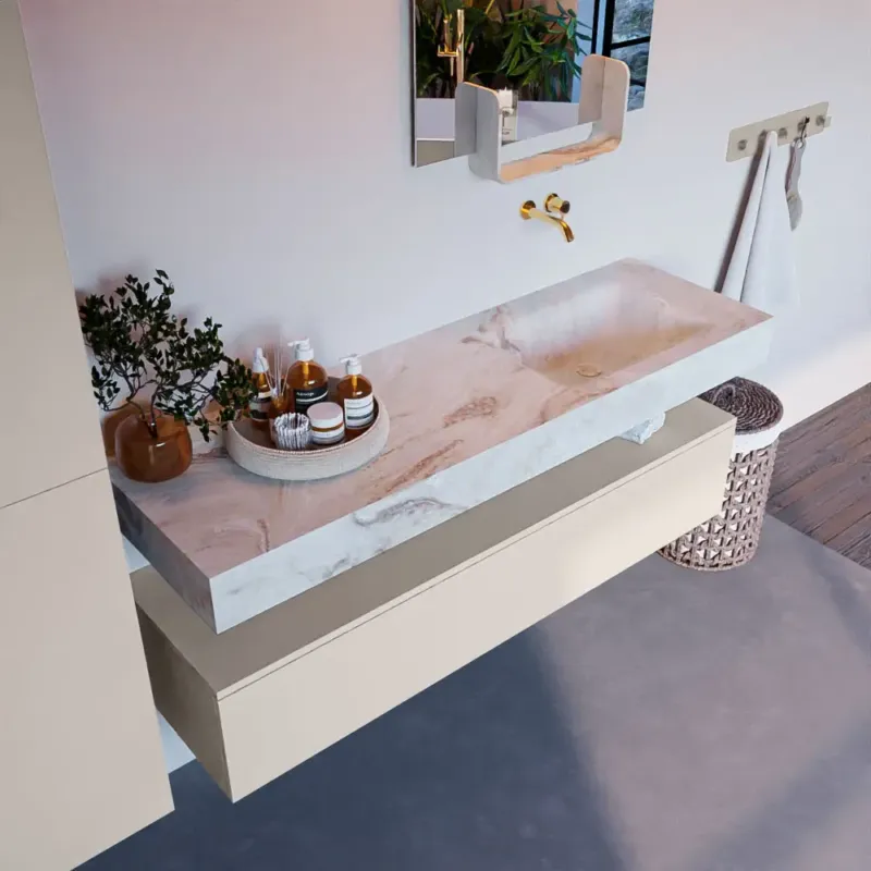 Betrouwbaar Mondiaz Alan DLux badmeubel 150cm linen 1 lade met wastafel frappe rechts zonder kraangat