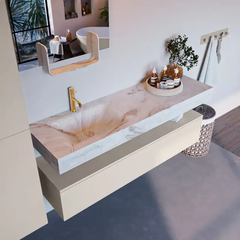 Lage Prijs Mondiaz Alan DLux badmeubel 150cm linen 1 lade met wastafel frappe links 1 kraangat