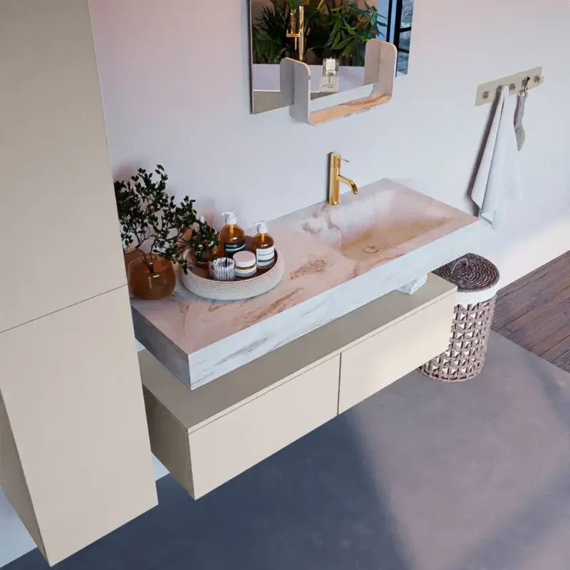 Veilige Betaling Mondiaz Alan DLux badmeubel 120cm linen 2 lades met wastafel frappe rechts 1 kraangat