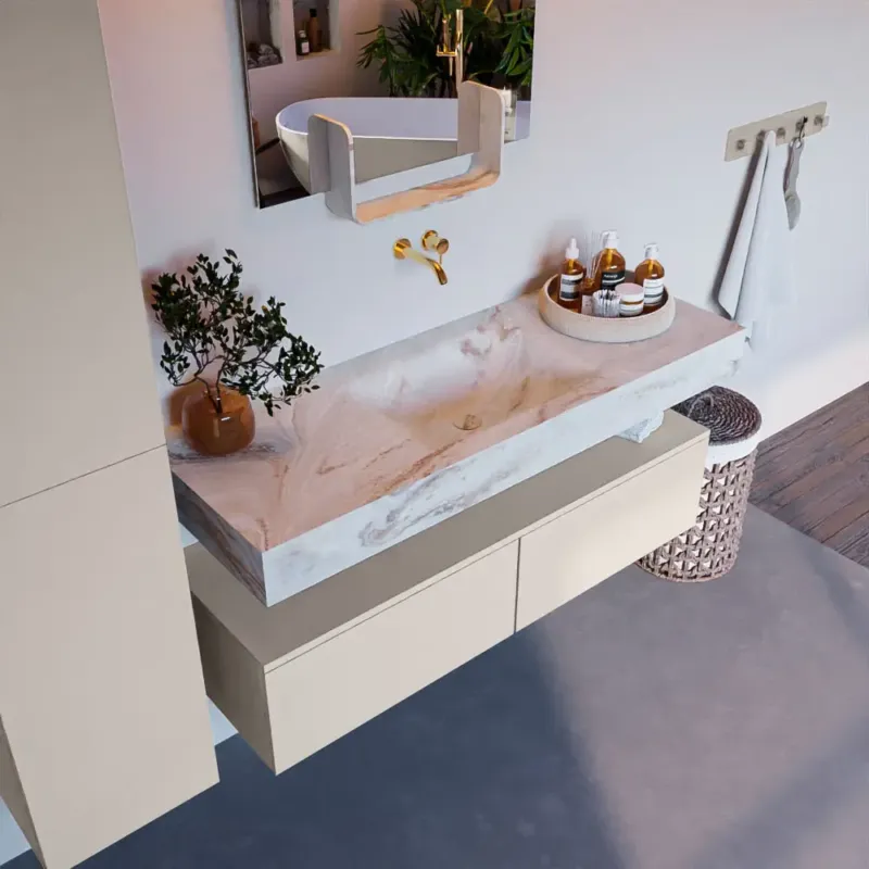 Betrouwbaar Mondiaz Alan DLux badmeubel 130cm linen 2 lades met wastafel frappe midden zonder kraangat