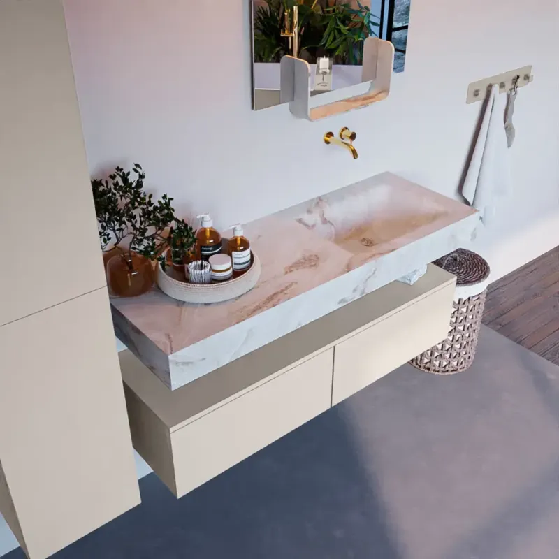 Betrouwbaar Mondiaz Alan DLux badmeubel 130cm linen 2 lades met wastafel frappe rechts zonder kraangat