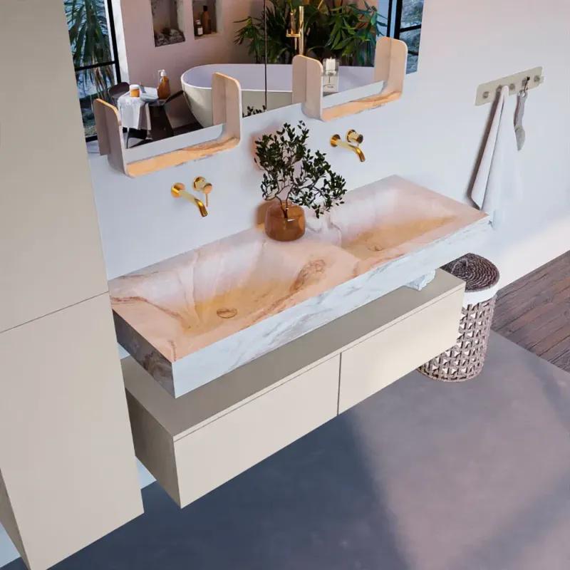 Shop Nu Mondiaz Alan DLux badmeubel 130cm linen 2 lades met wastafel frappe dubbel zonder kraangat