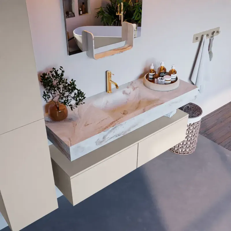 Gereduceerde Prijs Mondiaz Alan DLux badmeubel 130cm linen 2 lades met wastafel frappe midden 1 kraangat