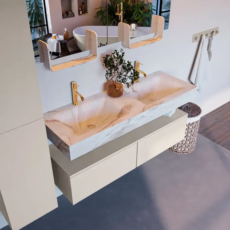 Direct Beschikbaar Mondiaz Alan DLux badmeubel 130cm linen 2 lades met wastafel frappe dubbel 2 kraangaten