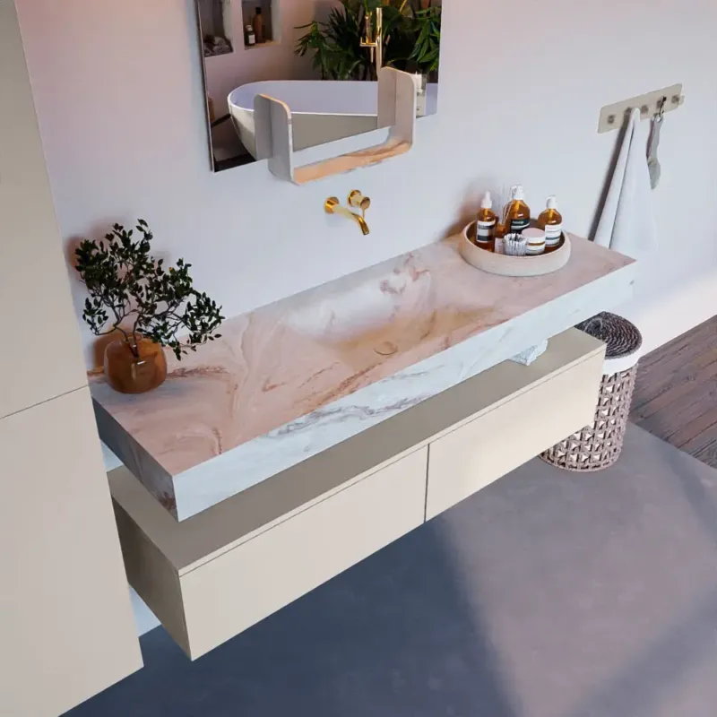 Actieprijs Mondiaz Alan DLux badmeubel 150cm linen 2 lades met wastafel frappe midden zonder kraangat