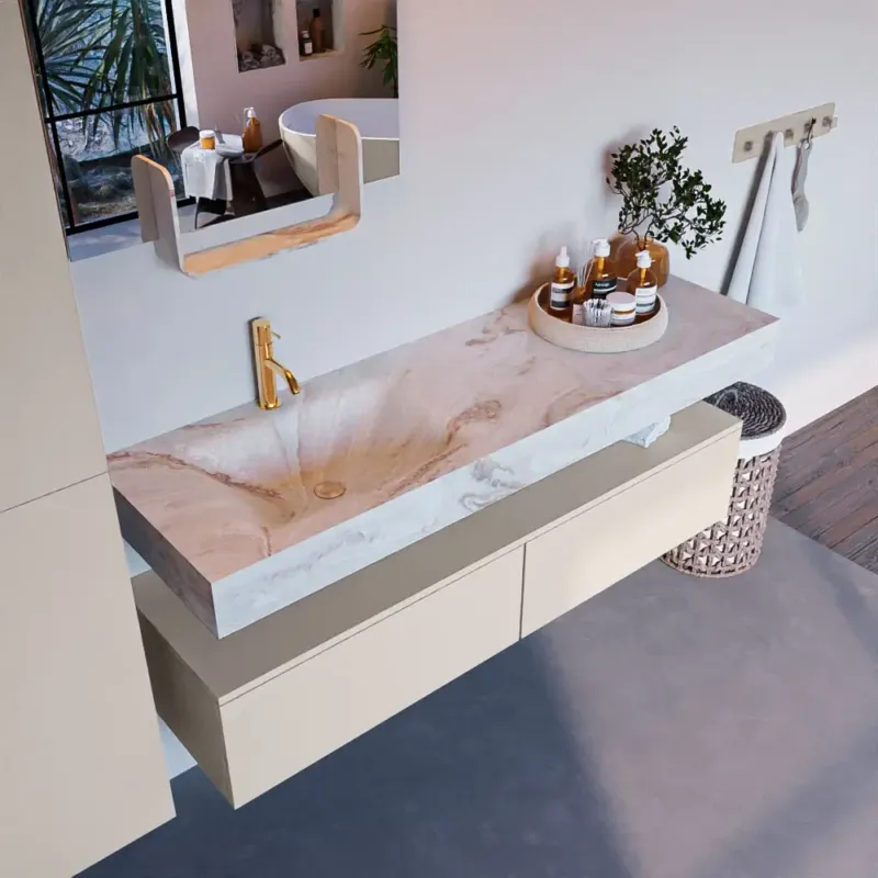 Nu Kopen Mondiaz Alan DLux badmeubel 150cm linen 2 lades met wastafel frappe links 1 kraangat
