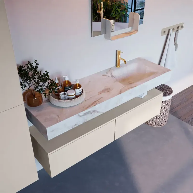 Bestseller Mondiaz Alan DLux badmeubel 150cm linen 2 lades met wastafel frappe rechts 1 kraangat