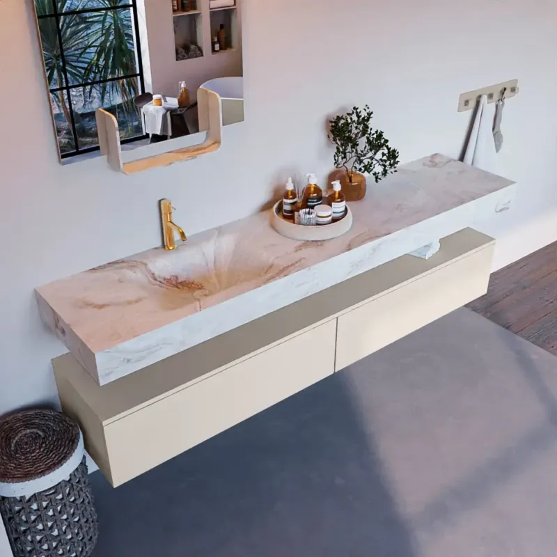 Gereduceerde Prijs Mondiaz Alan DLux badmeubel 200cm linen 2 lades met wastafel frappe links 1 kraangat