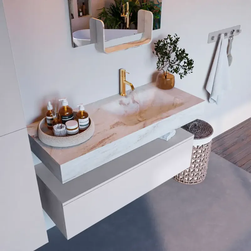 Fabrieksprijs Mondiaz Alan DLux badmeubel 110cm cale 1 lade met wastafel frappe rechts 1 kraangat