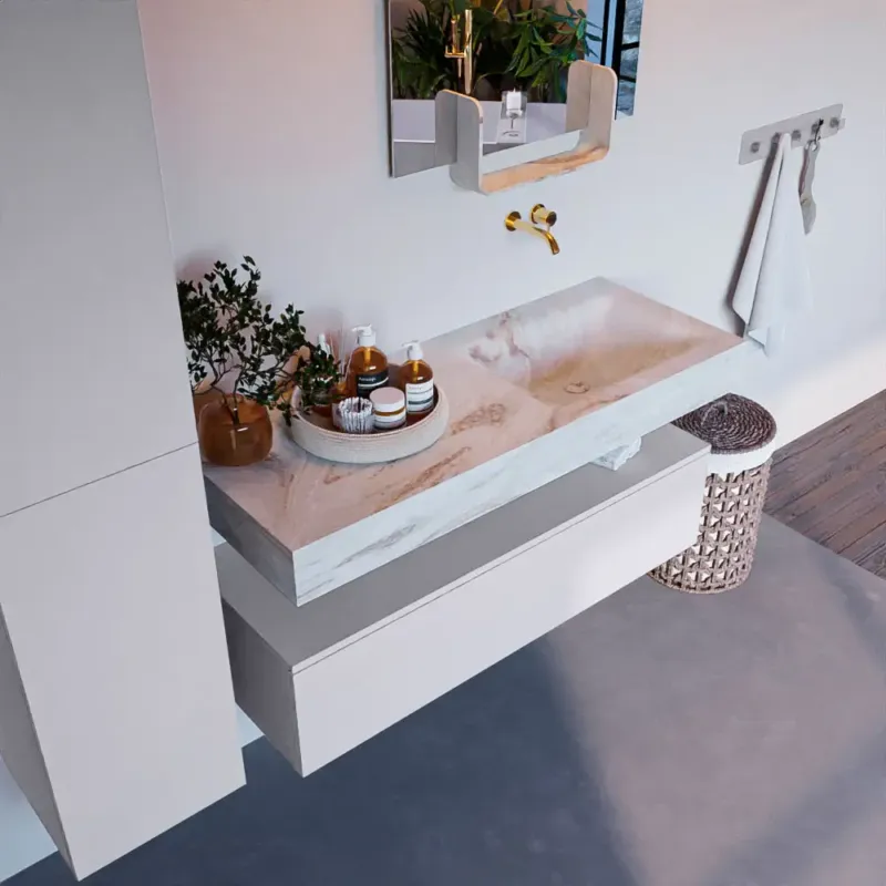 Mondiaz Alan DLux badmeubel 120cm cale 1 lade met wastafel frappe rechts zonder kraangat Bestel Nu