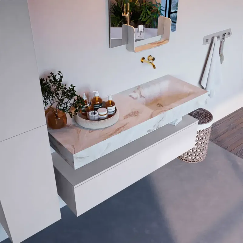 Koop Online Mondiaz Alan DLux badmeubel 130cm cale 1 lade met wastafel frappe rechts zonder kraangat