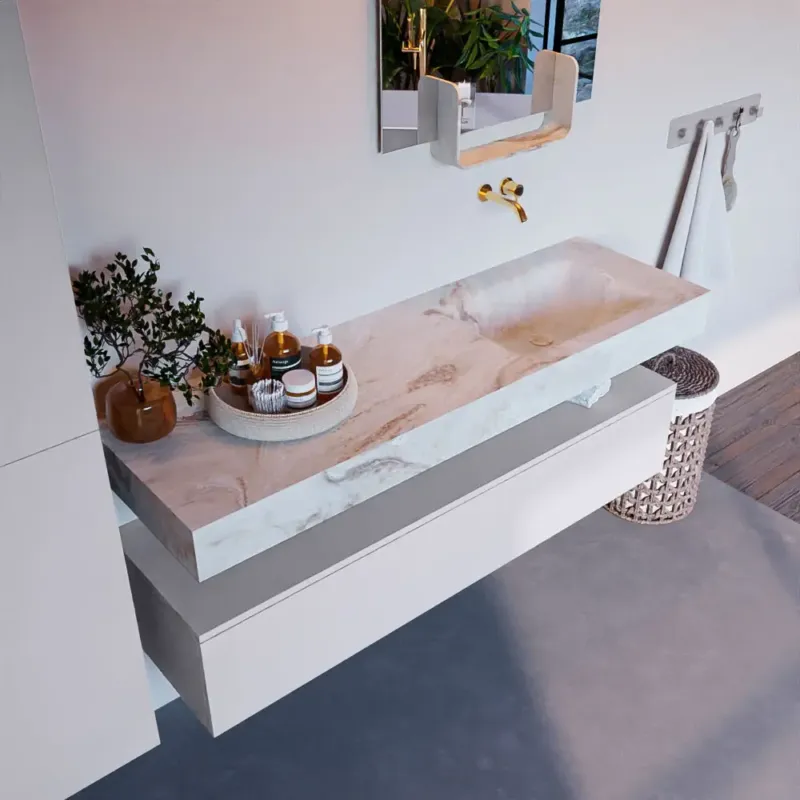 Koop Online Mondiaz Alan DLux badmeubel 150cm cale 1 lade met wastafel frappe rechts zonder kraangat