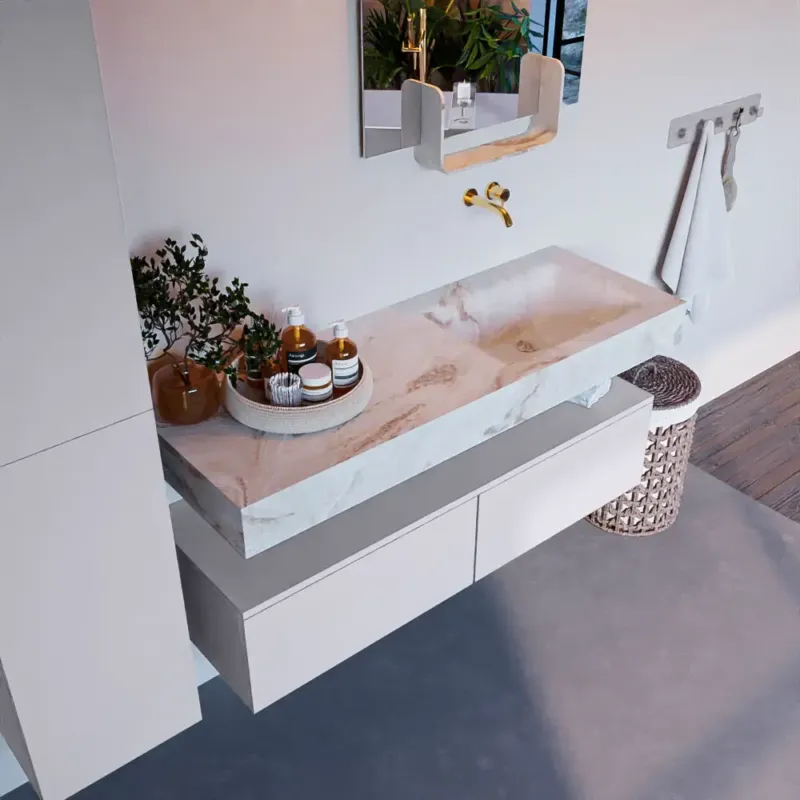 Bestseller Mondiaz Alan DLux badmeubel 130cm cale 2 lades met wastafel frappe rechts zonder kraangat