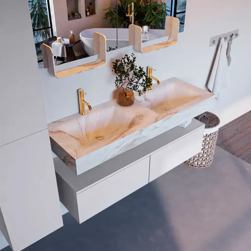 Meest Verkocht Mondiaz Alan DLux badmeubel 130cm cale 2 lades met wastafel frappe dubbel 2 kraangaten