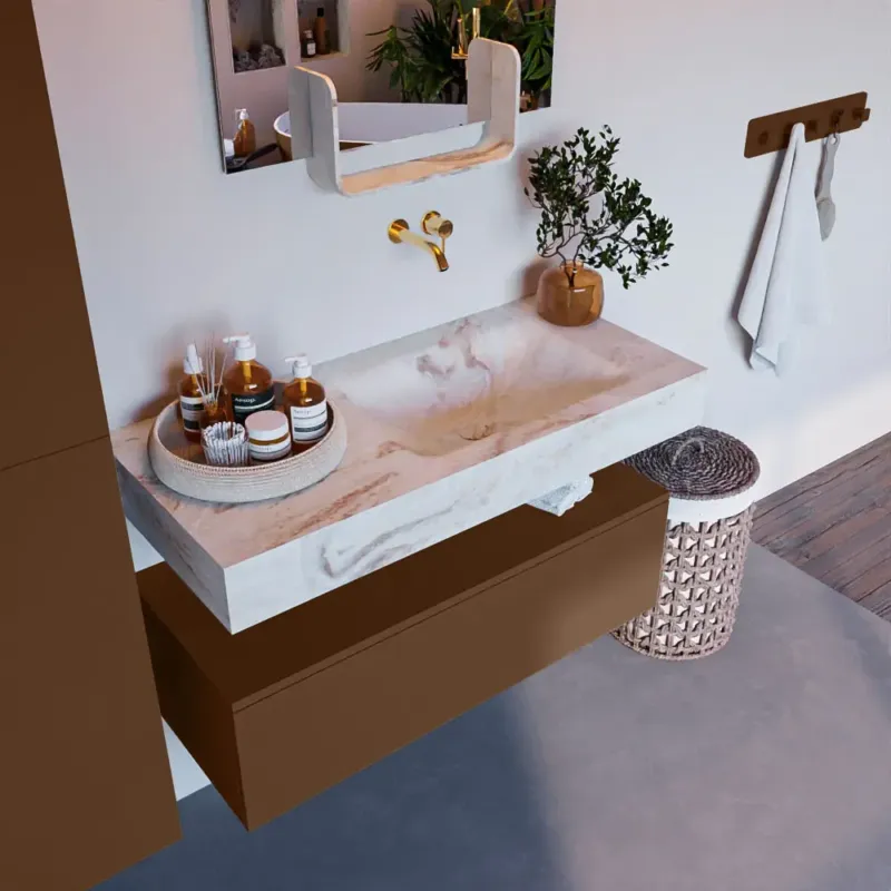 Merkproduct Mondiaz Alan DLux badmeubel 100cm rust 1 lade met wastafel frappe rechts zonder kraangat