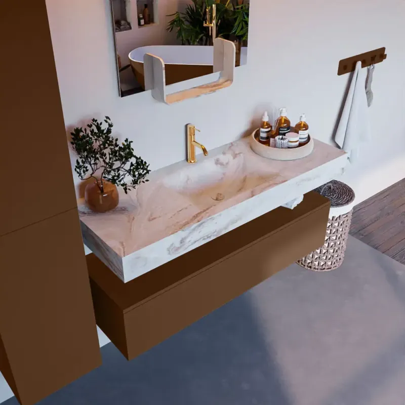 Voordeelprijs Mondiaz Alan DLux badmeubel 130cm rust 1 lade met wastafel frappe midden 1 kraangat