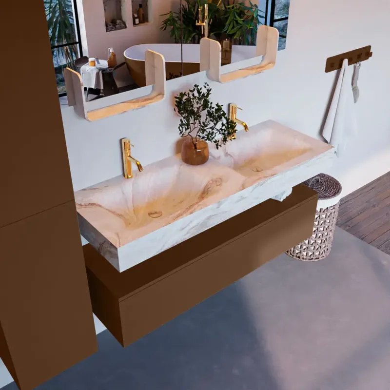 Betrouwbaar Mondiaz Alan DLux badmeubel 130cm rust 1 lade met wastafel frappe dubbel 2 kraangaten