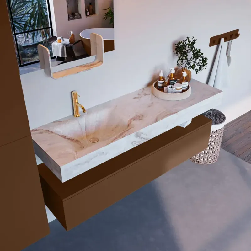 Must-Have Mondiaz Alan DLux badmeubel 150cm rust 1 lade met wastafel frappe links 1 kraangat