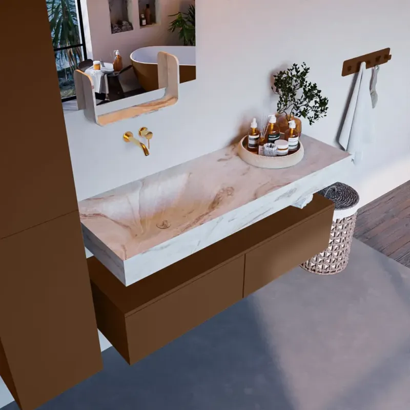 Bestel Nu Mondiaz Alan DLux badmeubel 130cm rust 2 lades met wastafel frappe links zonder kraangat