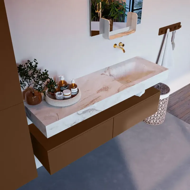 Bestseller Mondiaz Alan DLux badmeubel 150cm rust 2 lades met wastafel frappe rechts zonder kraangat