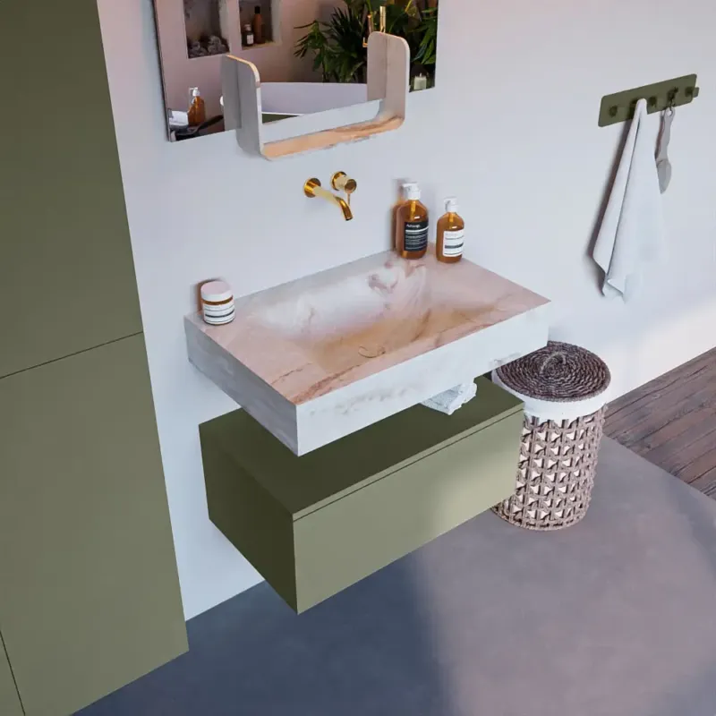 Premium Mondiaz Alan DLux badmeubel 70cm army 1 lade met wastafel frappe midden zonder kraangat