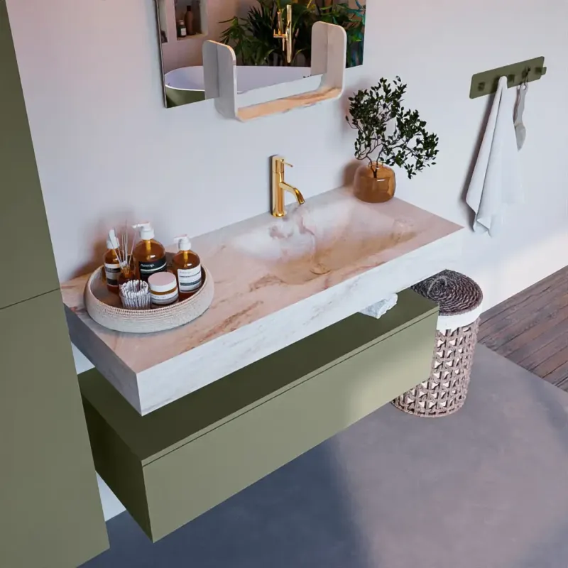 Mondiaz Alan DLux badmeubel 110cm army 1 lade met wastafel frappe rechts 1 kraangat Exclusieve Aanbieding