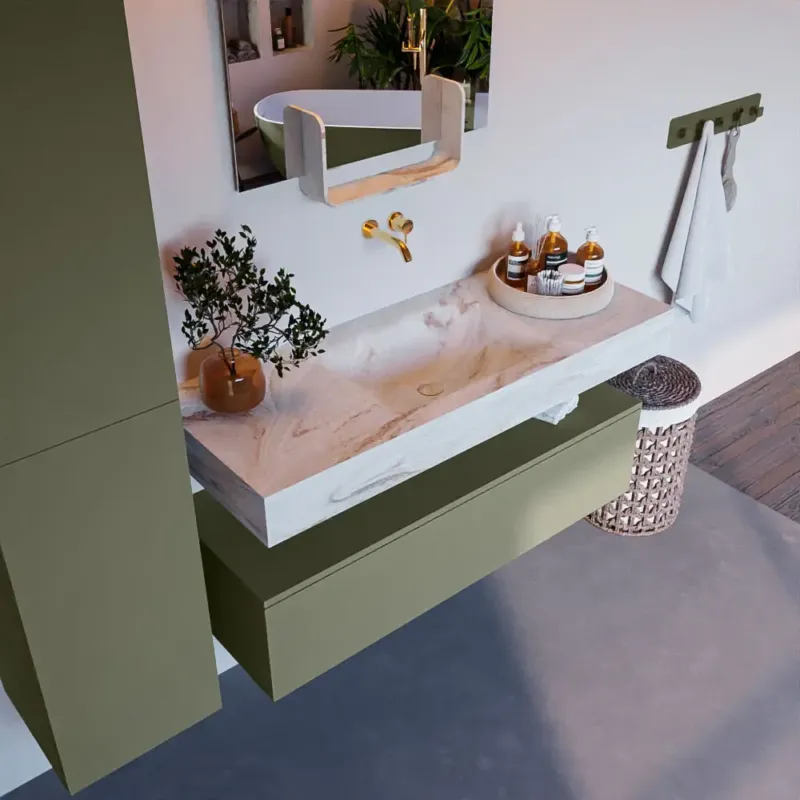 Betrouwbaar Mondiaz Alan DLux badmeubel 120cm army 1 lade met wastafel frappe midden zonder kraangat