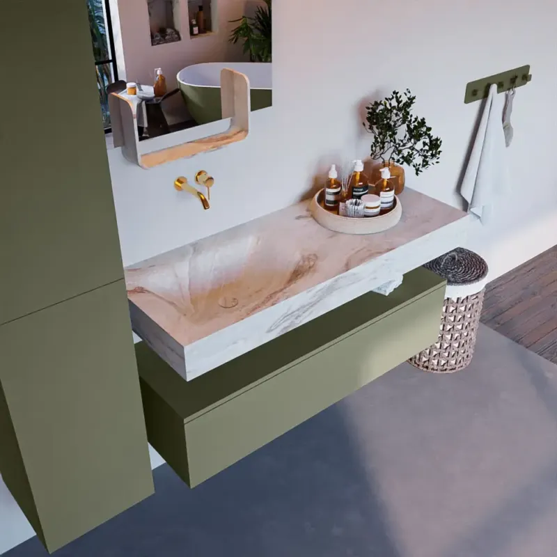Mondiaz Alan DLux badmeubel 120cm army 1 lade met wastafel frappe links zonder kraangat Seizoensaanbieding