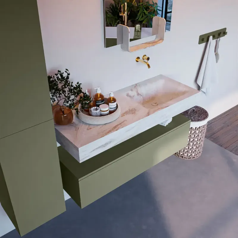 Mondiaz Alan DLux badmeubel 120cm army 1 lade met wastafel frappe rechts zonder kraangat Actieprijs