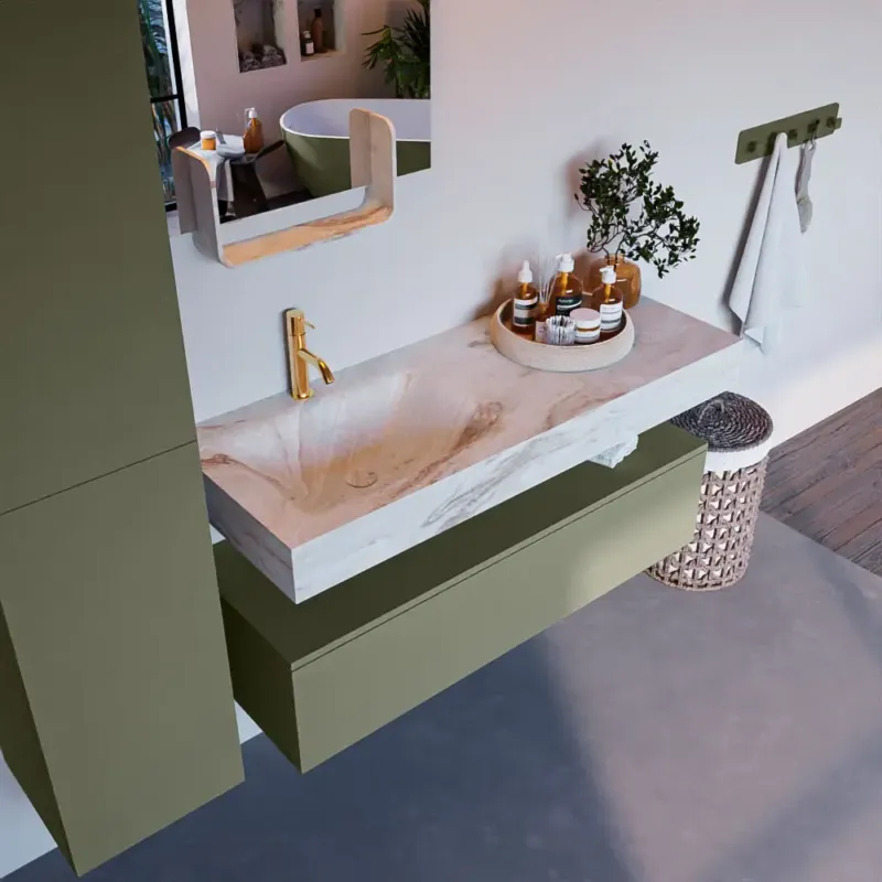 Mondiaz Alan DLux badmeubel 120cm army 1 lade met wastafel frappe links 1 kraangat Uitverkoop