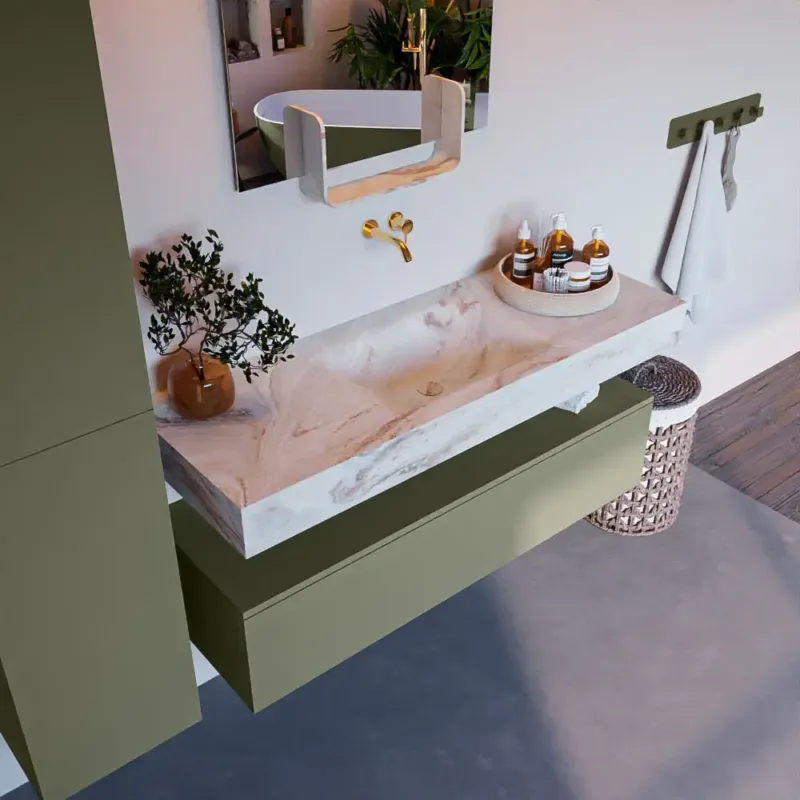 Dagaanbieding Mondiaz Alan DLux badmeubel 130cm army 1 lade met wastafel frappe midden zonder kraangat