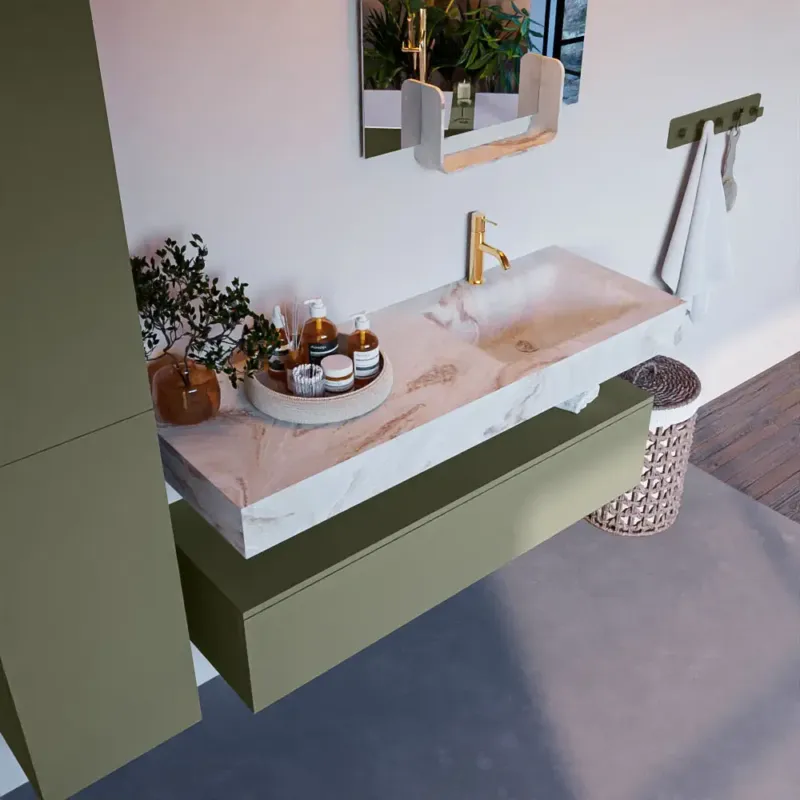 Flitsaanbieding Mondiaz Alan DLux badmeubel 130cm army 1 lade met wastafel frappe rechts 1 kraangat
