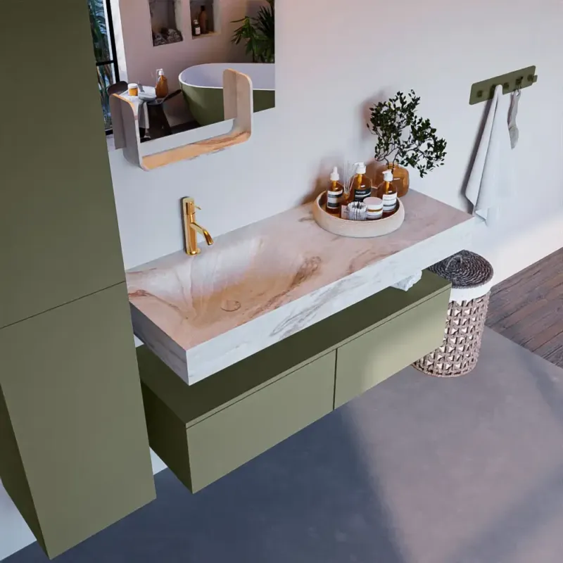 Mondiaz Alan DLux badmeubel 120cm army 2 lades met wastafel frappe links 1 kraangat Gecertificeerd