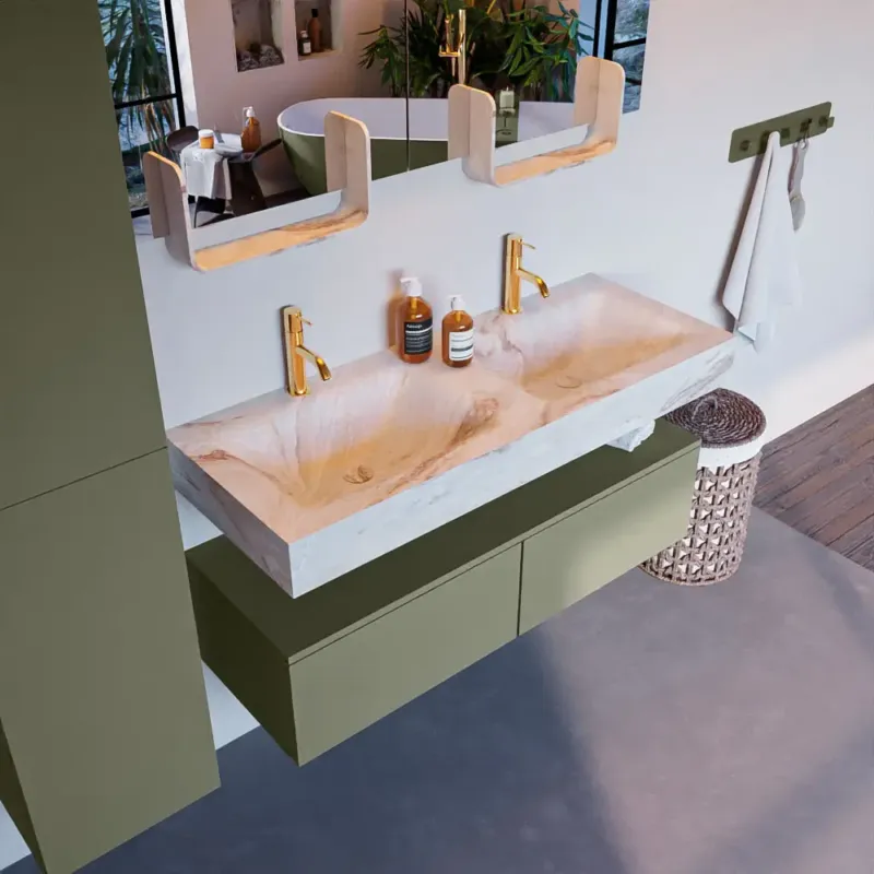 Mondiaz Alan DLux badmeubel 120cm army 2 lades met wastafel frappe dubbel 2 kraangaten Must-Have