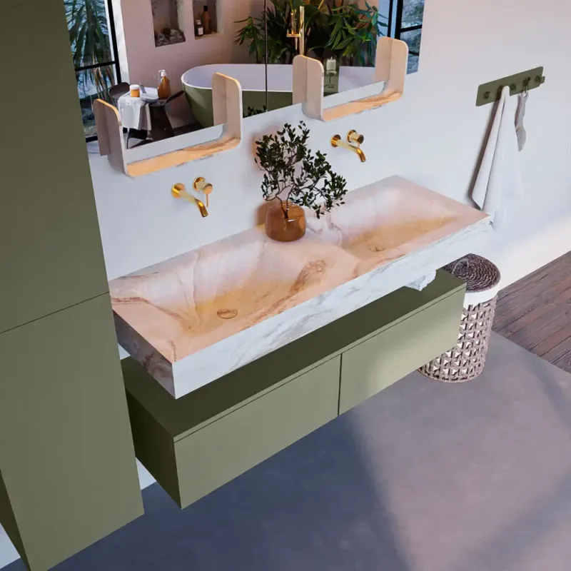Shop Nu Mondiaz Alan DLux badmeubel 130cm army 2 lades met wastafel frappe dubbel zonder kraangat