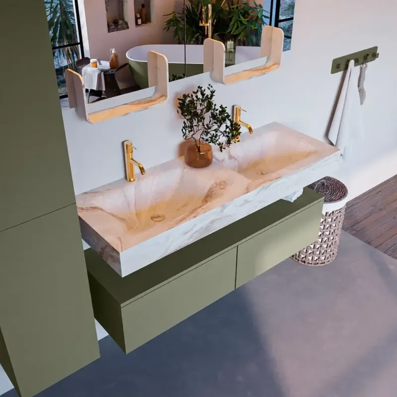 Merkproduct Mondiaz Alan DLux badmeubel 130cm army 2 lades met wastafel frappe dubbel 2 kraangaten