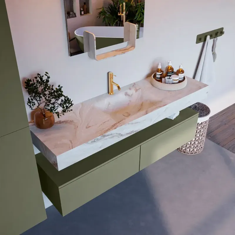 Must-Have Mondiaz Alan DLux badmeubel 150cm army 2 lades met wastafel frappe midden 1 kraangat