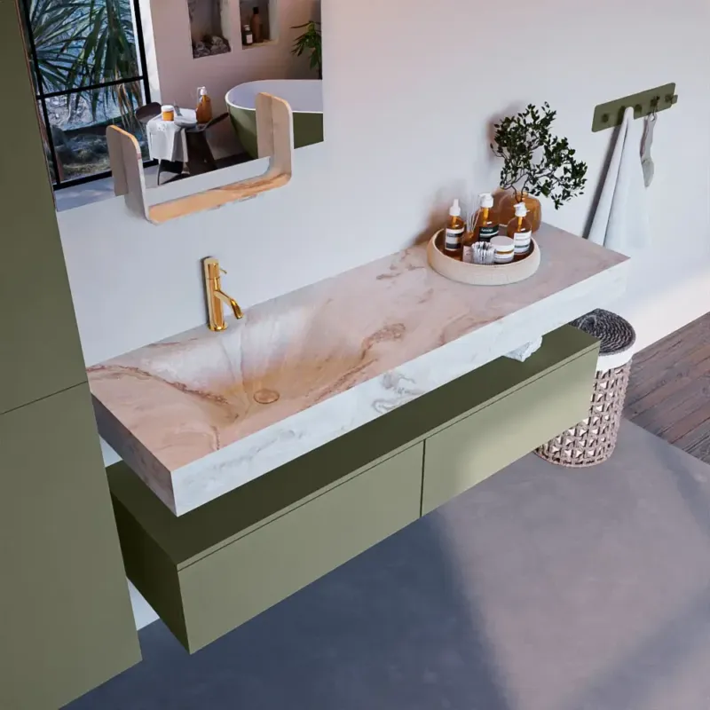 Betrouwbaar Mondiaz Alan DLux badmeubel 150cm army 2 lades met wastafel frappe links 1 kraangat