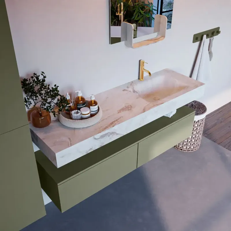 Flitsaanbieding Mondiaz Alan DLux badmeubel 150cm army 2 lades met wastafel frappe rechts 1 kraangat