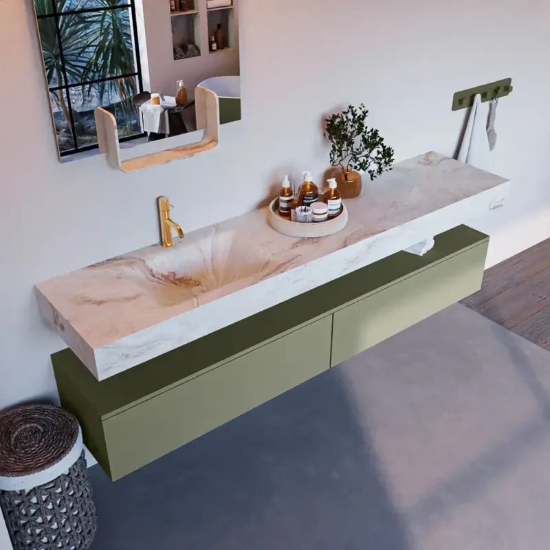 Speciale Aanbieding Mondiaz Alan DLux badmeubel 200cm army 2 lades met wastafel frappe links 1 kraangat