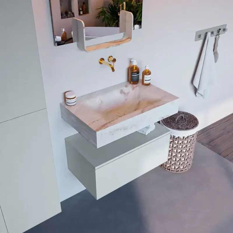 Op = Op Mondiaz Alan DLux badmeubel 70cm clay 1 lade met wastafel frappe midden zonder kraangat