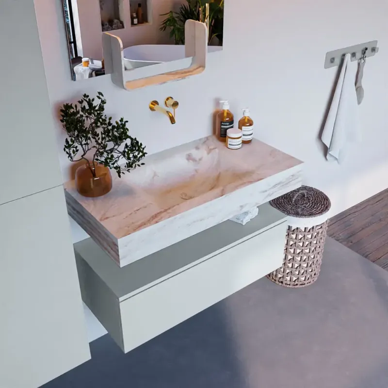 Uitverkoop Mondiaz Alan DLux badmeubel 90cm clay 1 lade met wastafel frappe midden zonder kraangat