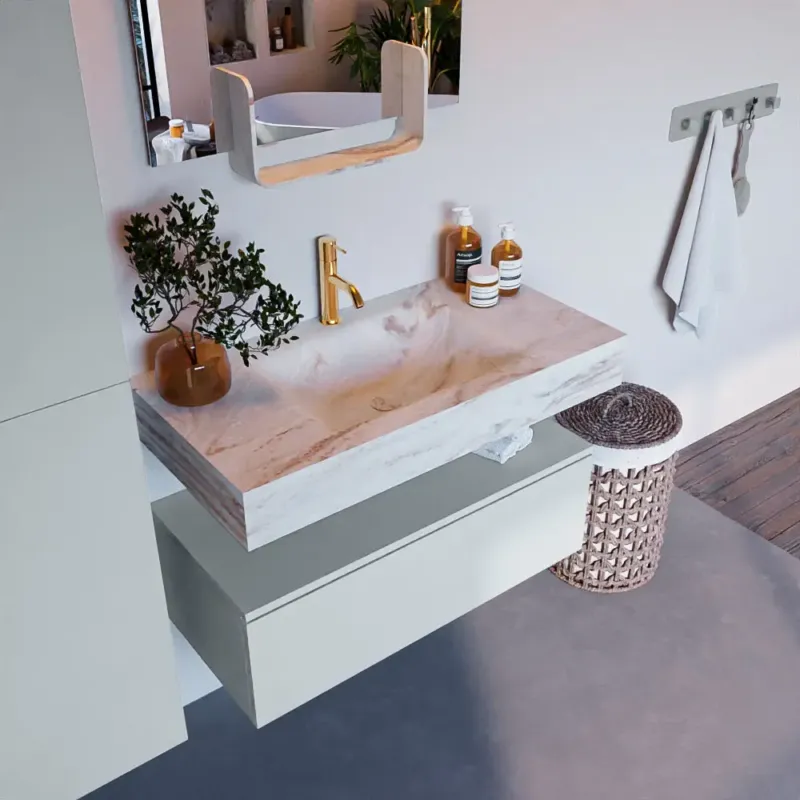 Merkproduct Mondiaz Alan DLux badmeubel 90cm clay 1 lade met wastafel frappe midden 1 kraangat