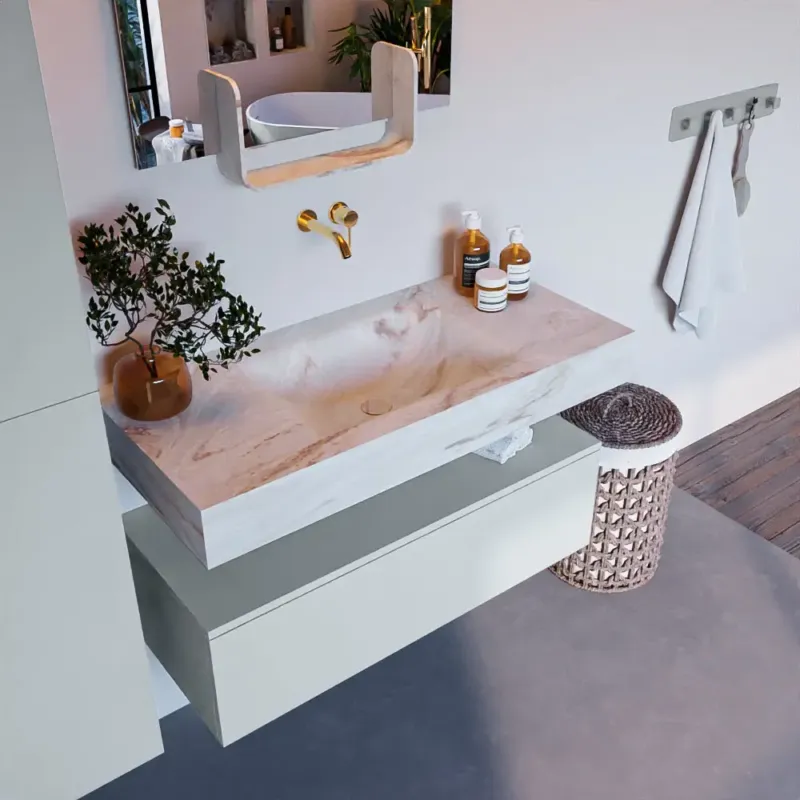 Mondiaz Alan DLux badmeubel 100cm clay 1 lade met wastafel frappe midden zonder kraangat Snelle Levering