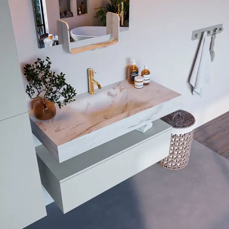 Premium Mondiaz Alan DLux badmeubel 100cm clay 1 lade met wastafel frappe midden 1 kraangat