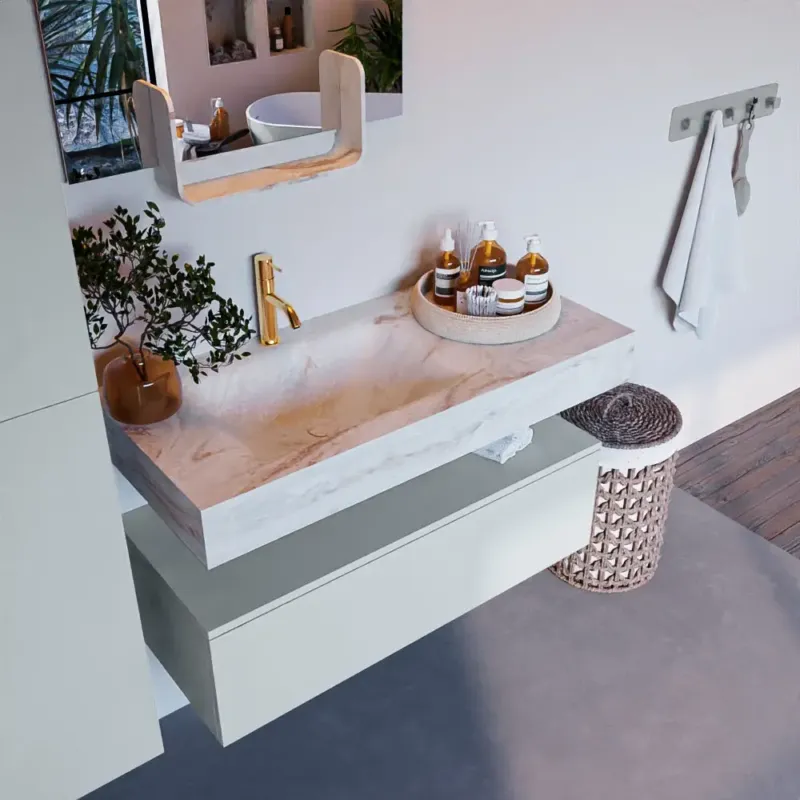 Laatste Kans Mondiaz Alan DLux badmeubel 100cm clay 1 lade met wastafel frappe links 1 kraangat